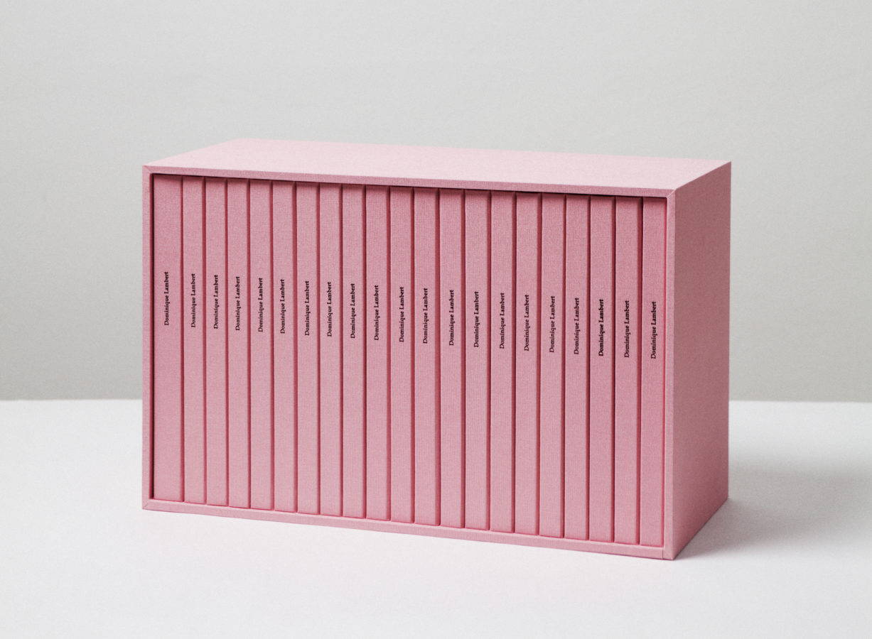 Color image of pink box set of twenty one publications entitled 'Dominique Lambert' amongst grey background