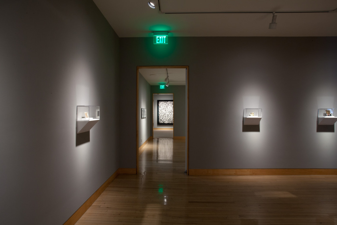 Color image of gallery entryway exhibiting small scale painted photographs on grey gallery walls