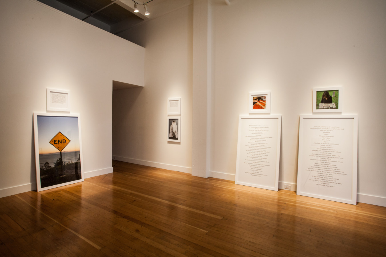 Color image of white walled gallery exhibiting framed photographs and text