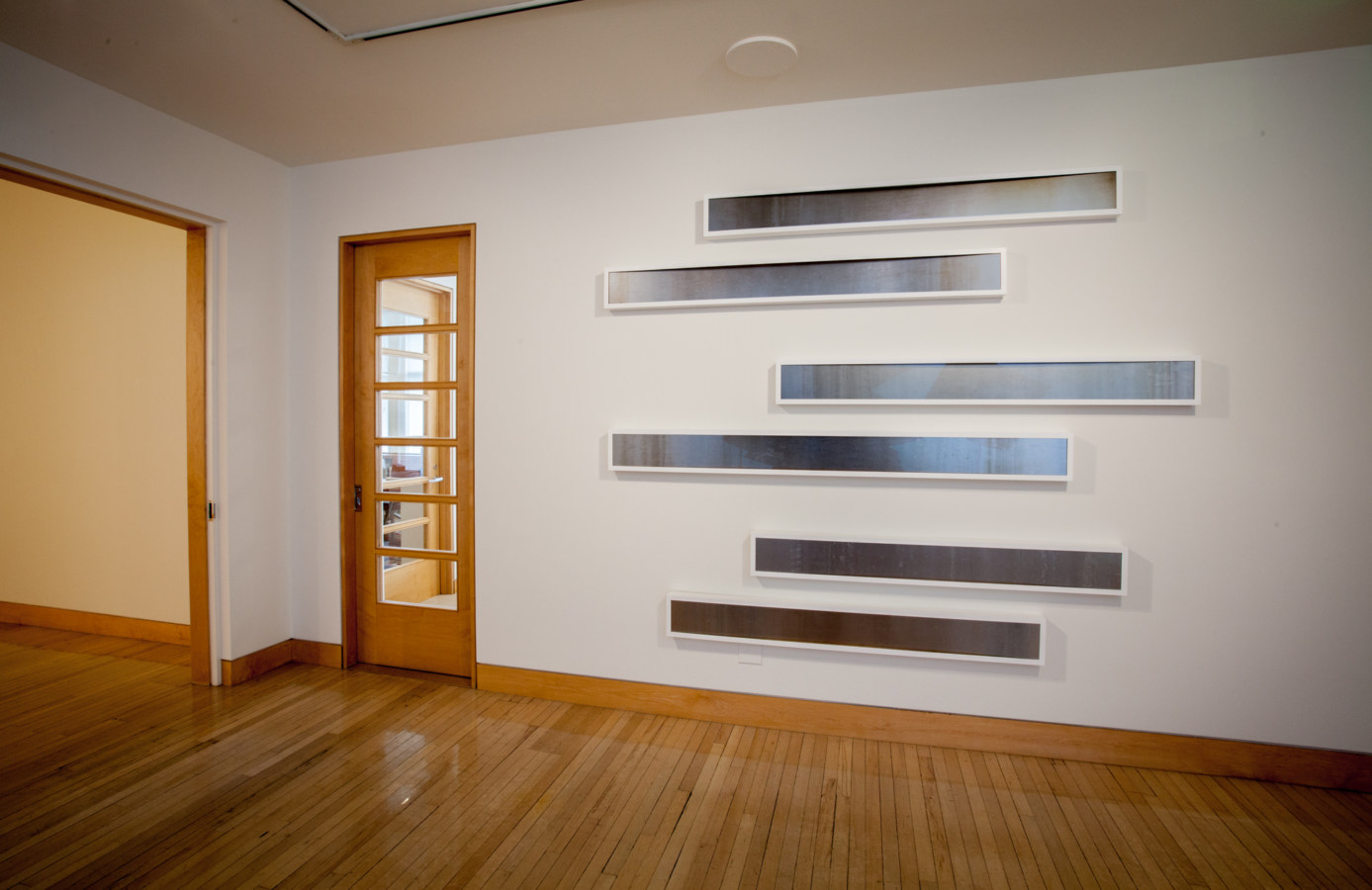Color image of six horizontal photograms on white gallery wall