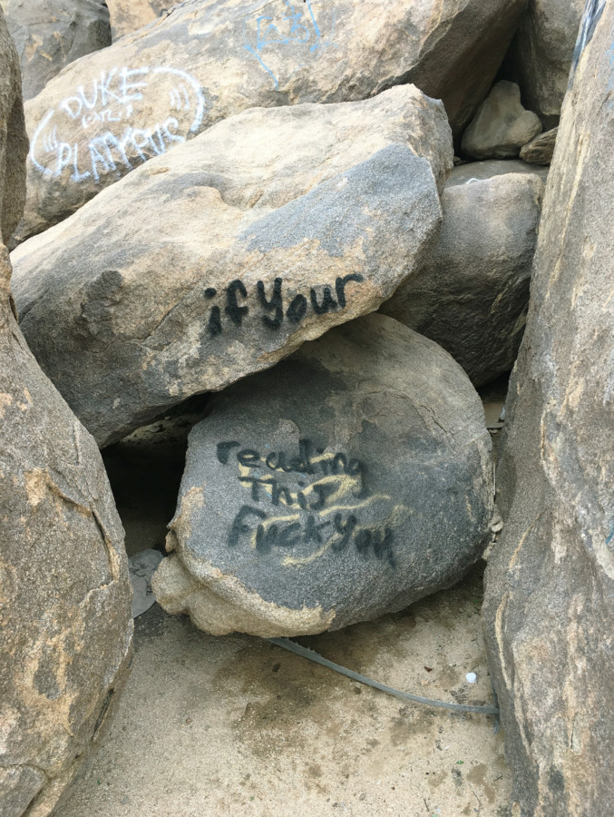 Color photograph of spray-painted black writing on two large rocks