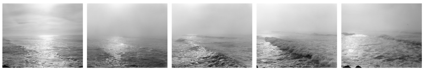 Five black-and-white photographs of sunlight reflecting on the ocean