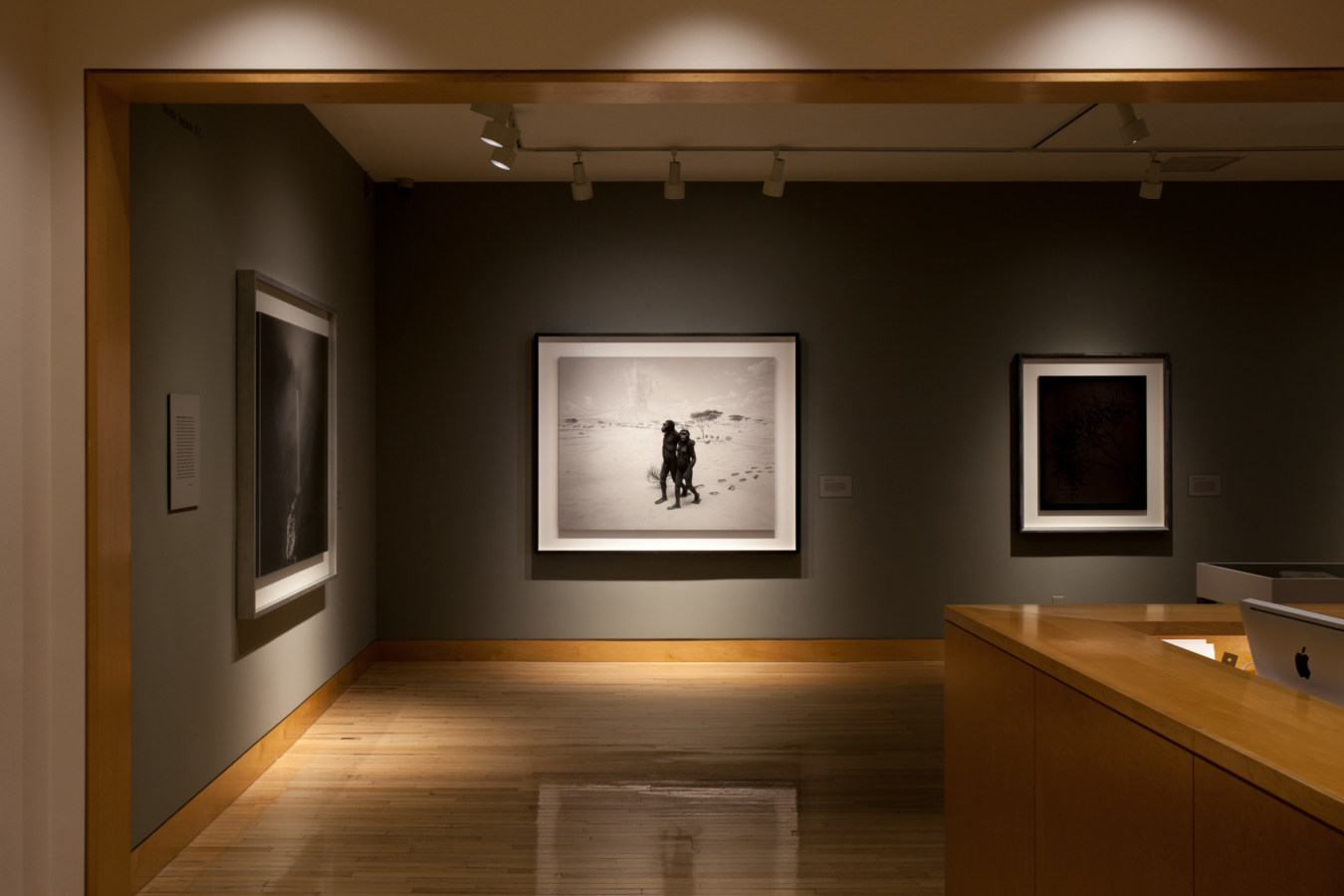 Installation photograph of gallery entryway exhibiting framed photographs on grey gallery walls