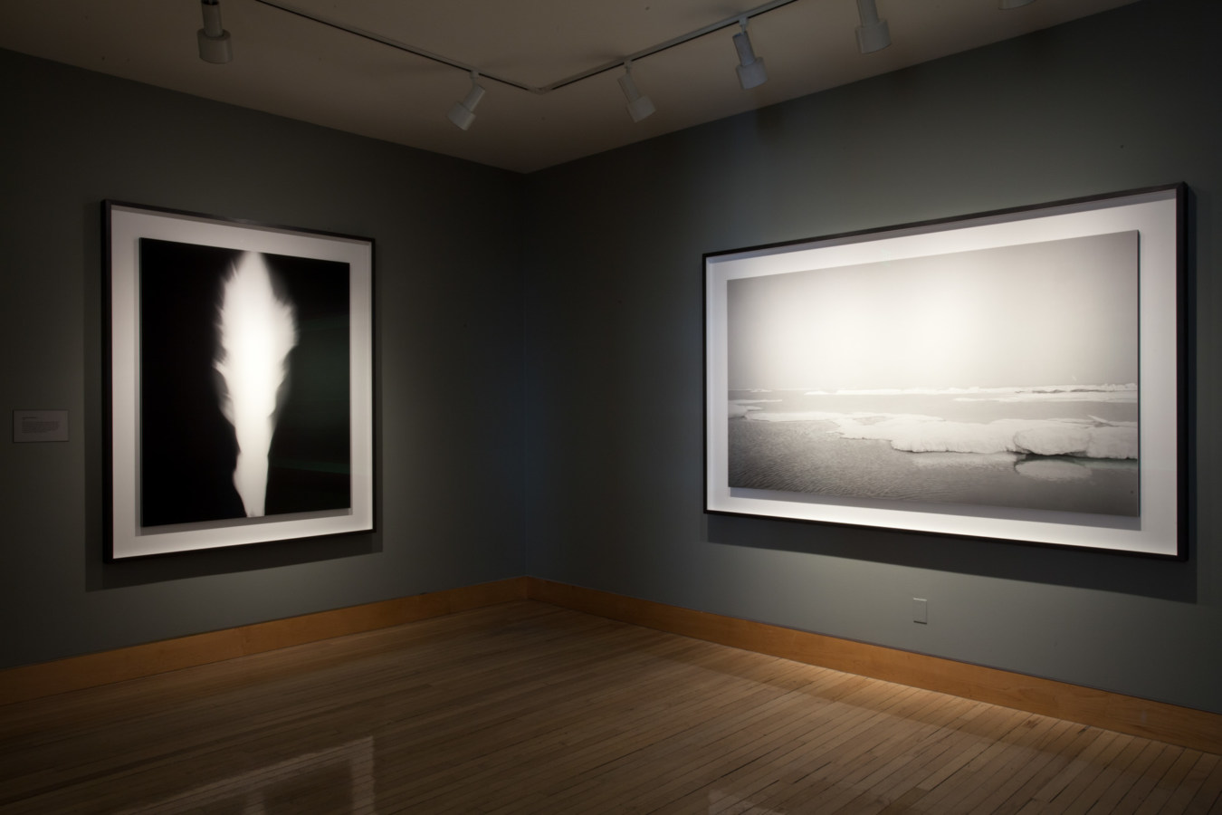 Color image of large scale framed black and white photographs on grey gallery walls