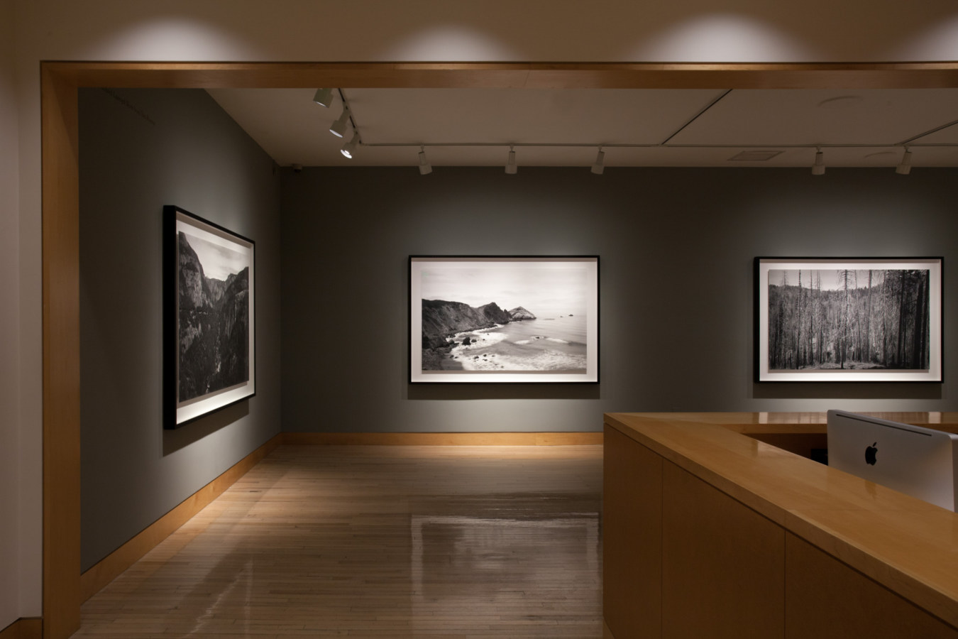 Color image of gallery entryway exhibiting large scale black and white photographs on grey gallery walls