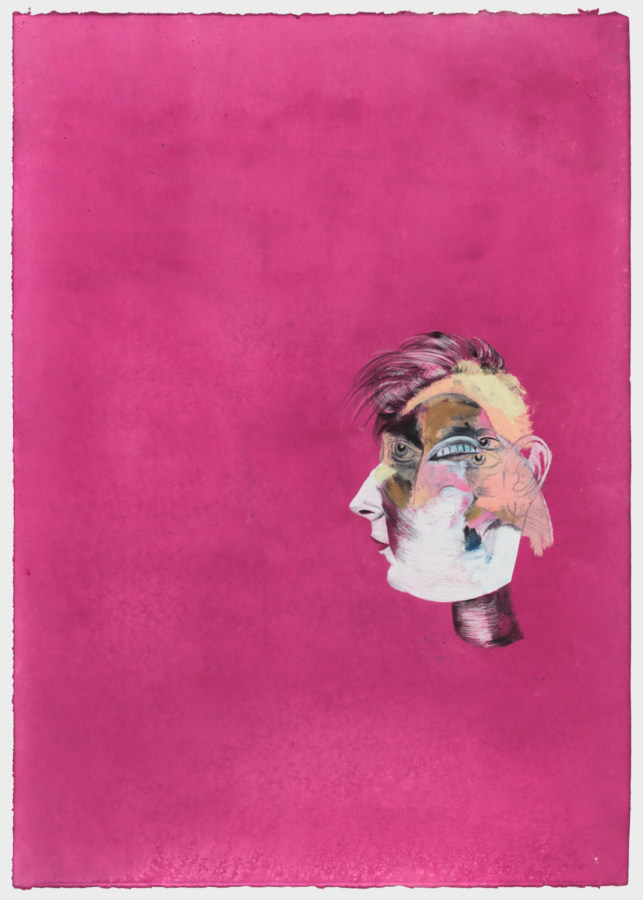 Color mixed media work depicting a head with multiple eyes and mouth askew against bright pink background