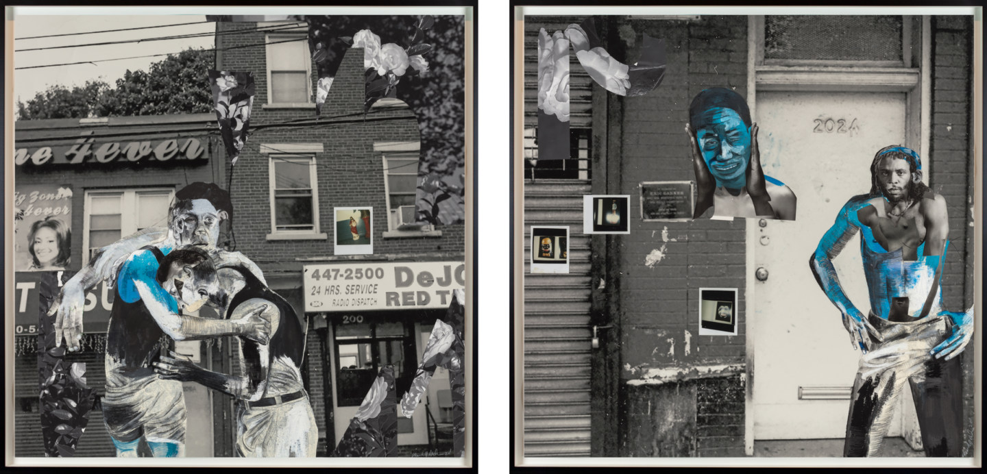 A diptych of two framed collages. The one on the left is of two figures confronting in either an embrace or a fight, and the one on the right is of a figure in front of a building's door. Both are on black and white photographs.