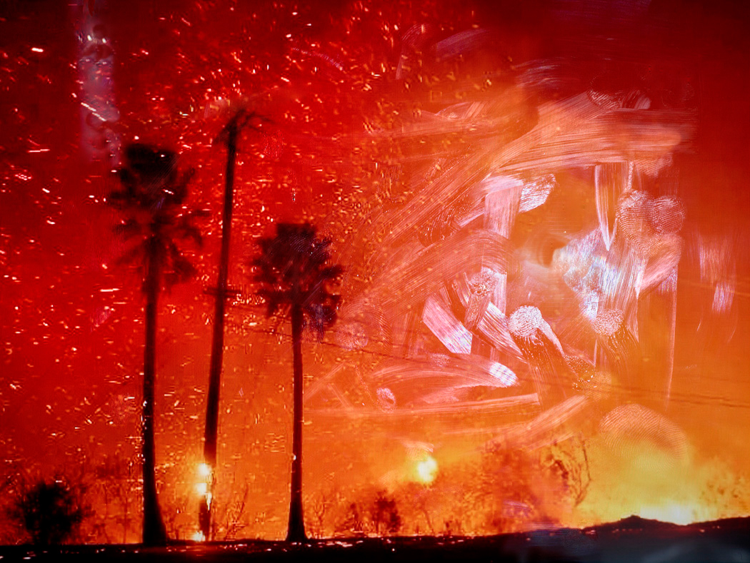 Color photograph of a landscape on fire, seen with smeared fingerprints of an iPad screen.