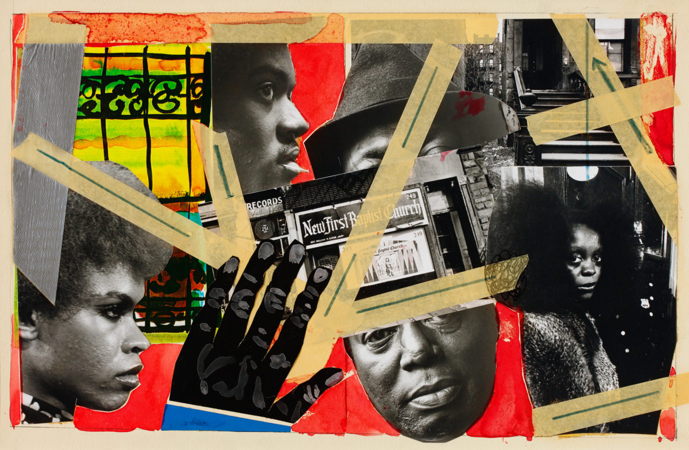 Color collage incorporating photographs of street scenes and portraits of African American men and women