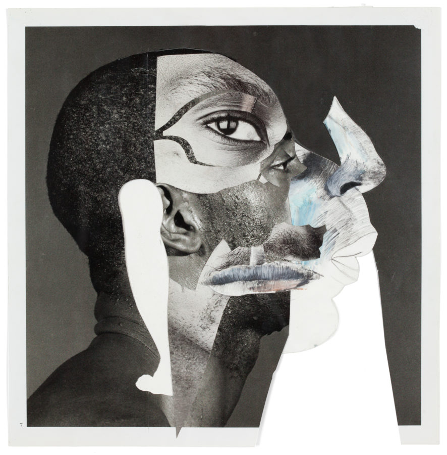 Black and white collage comprised of photographs and drawings of parts of African American men's faces
