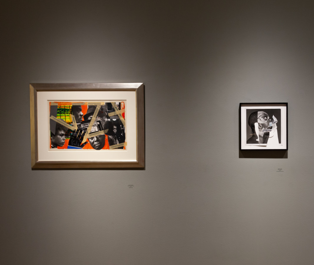 Color image of framed photographs and mixed media works on grey gallery wall