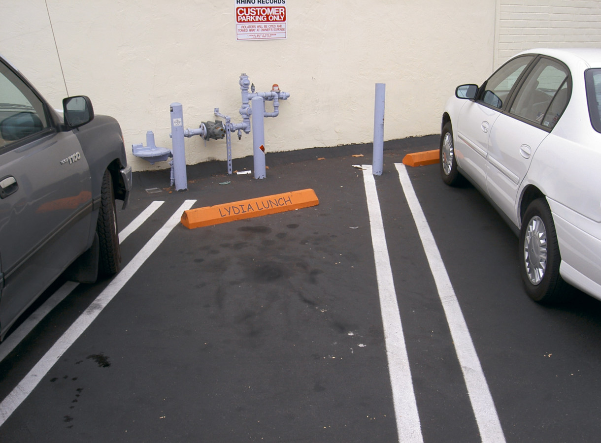 A photograph of an empty space in a parking lot, between two cars