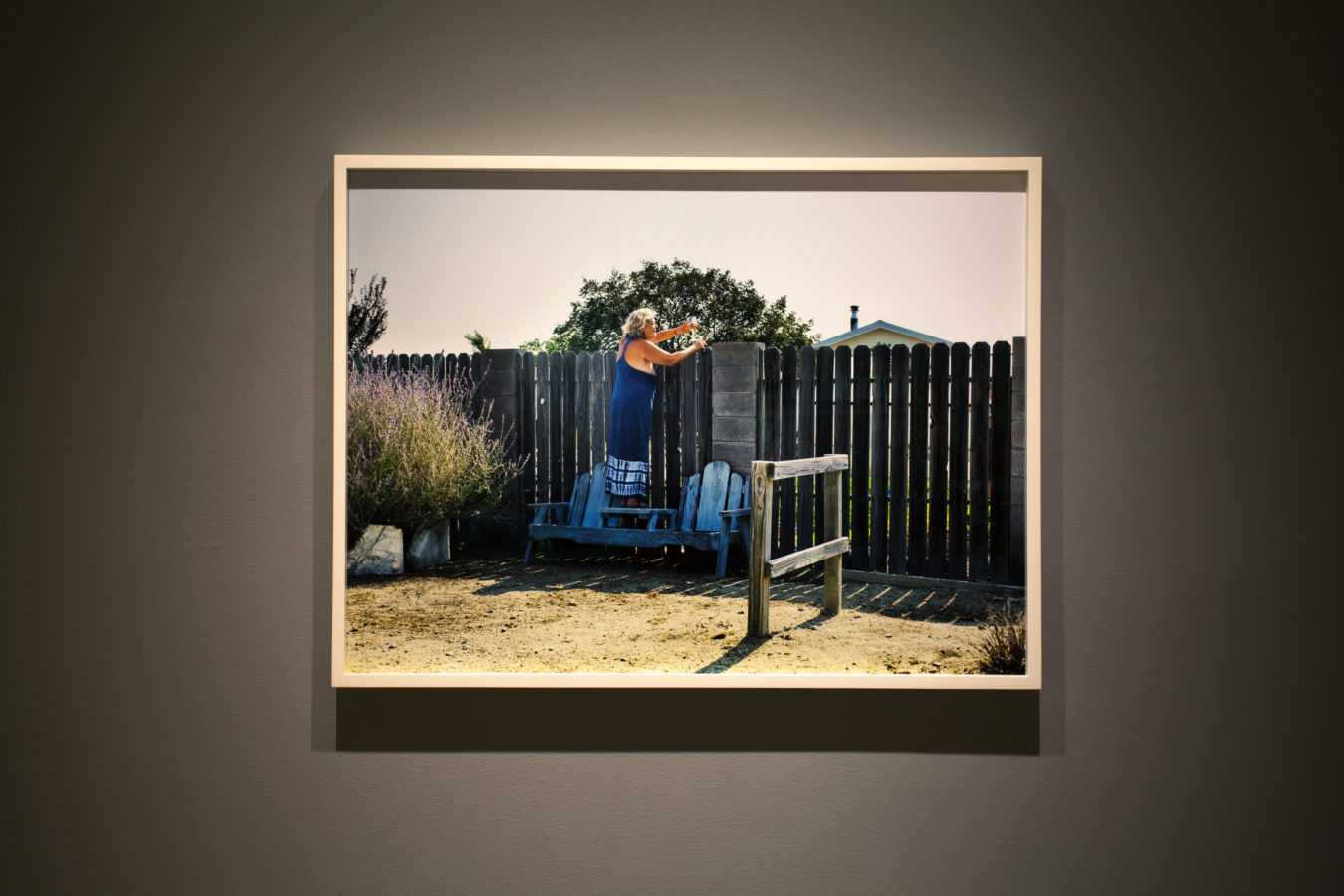 Color image of framed photograph on grey gallery wall