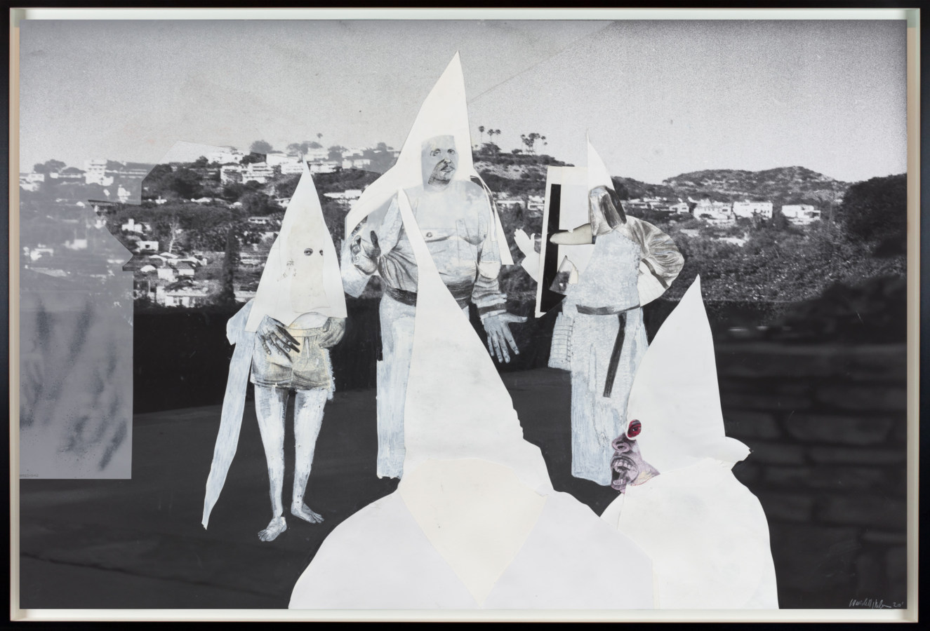 A black, white, and gray collage of five Klansmen in a circle. The background is the LA hills.