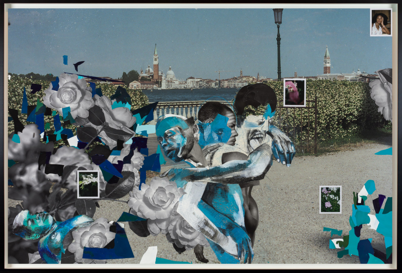 A collage of three figures embracing, surrounded by flowers. The background is an image of Venice.