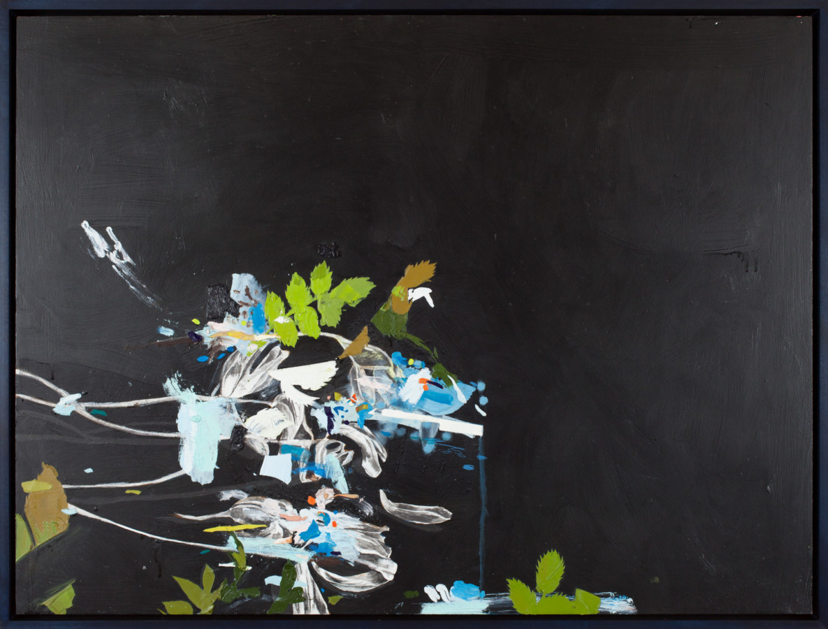 An abstract oil painting of a deconstructed black and white flower, with several bright green leaves