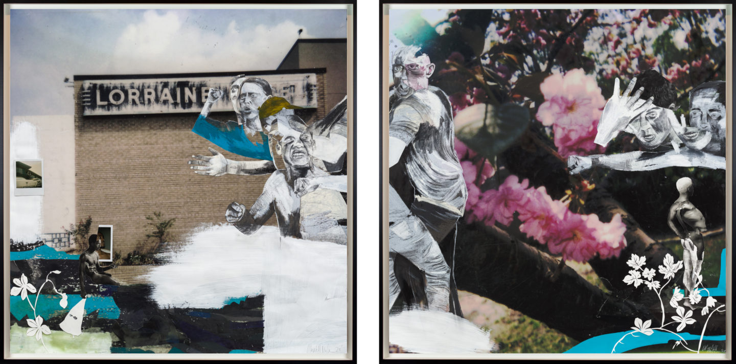 A diptych of two framed collages, one of the Lorraine Motel and one of a flowering magnolia tree, with protesting figures in front.