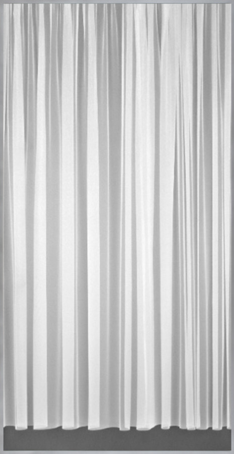 Black-and-white photogram of a wavy white curtain with a thin strip of ground along the bottom