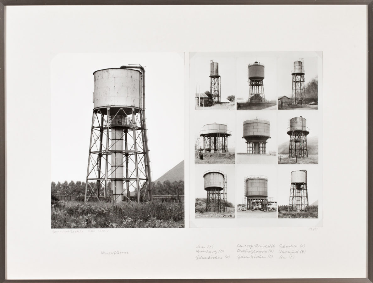 Two black and white photographs of water towers in a single frame