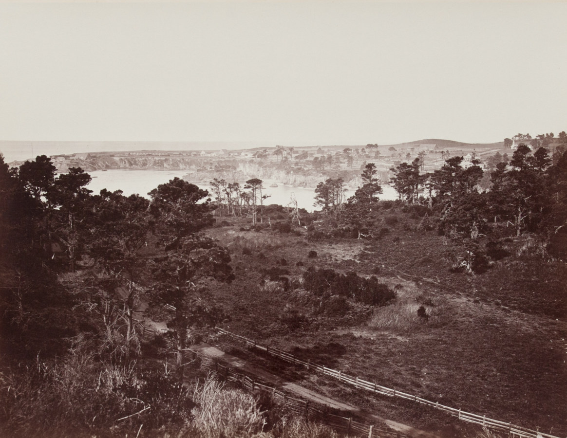 Ninteteenth century photograph of lightly forested fields with the Pacific Ocean in the background