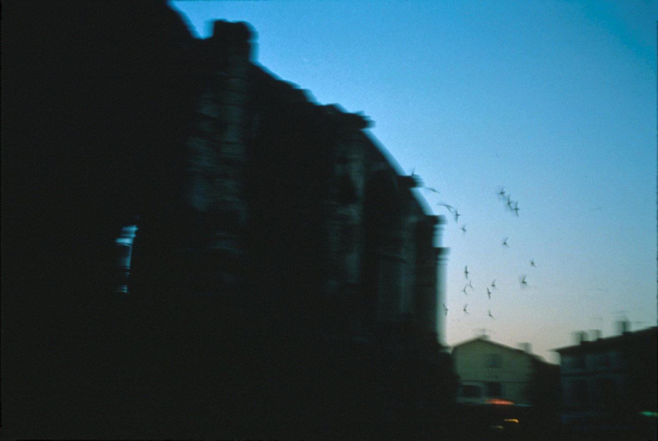 Blurred color photograph of a silhouetted building at dusk with birds flying by
