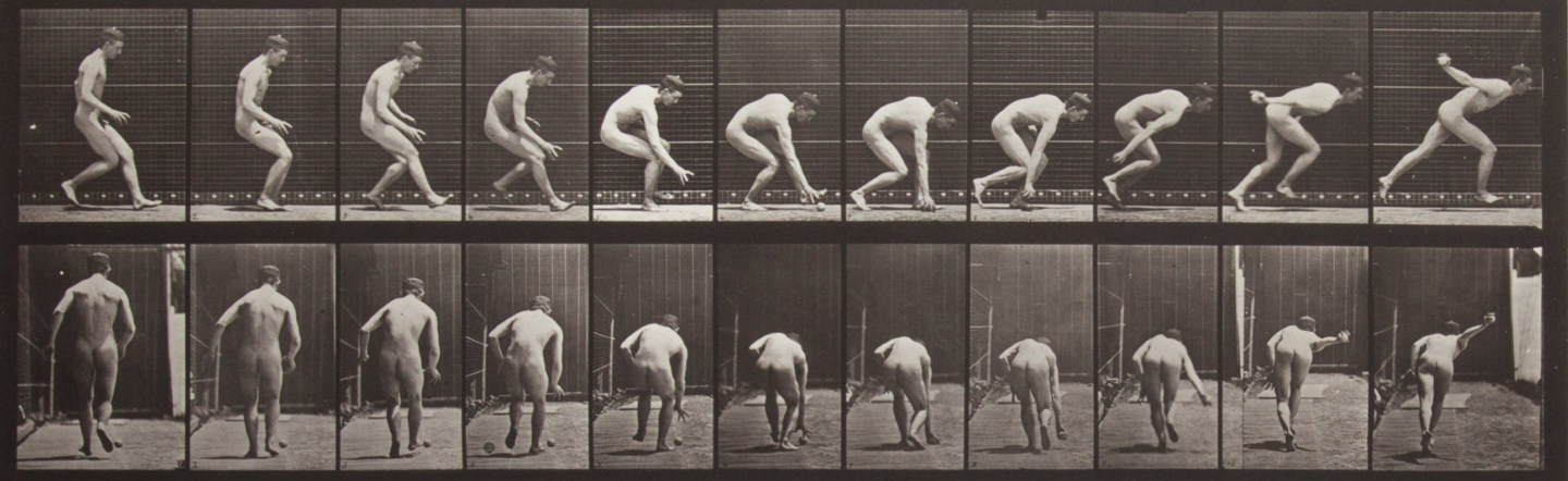 Sepia toned photograph with a grid of 22 panels showing a man in a loin cloth running and picking up a baseball.
