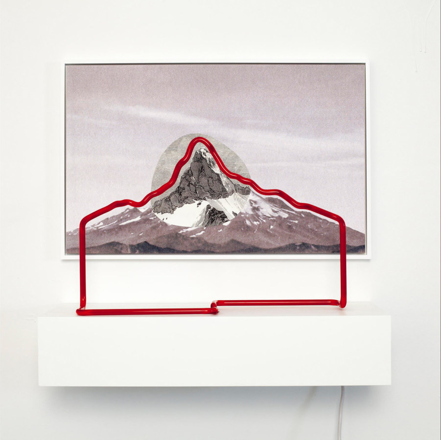 Collage of an etched print and photograph of a mountain outlined by red neon light on a shelf in front of it