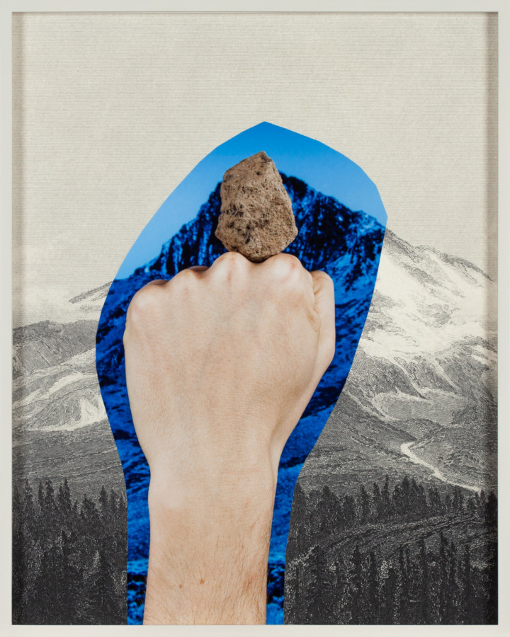 Collage of a fist supporting a stone surrounded by a blue aura over an engraving of a mountain