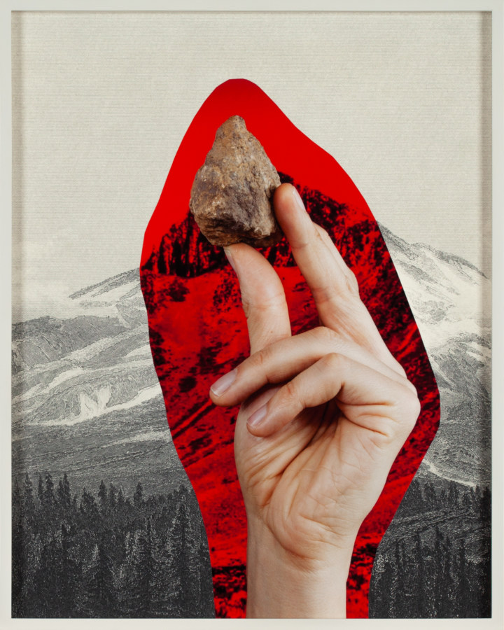 Collage of a hand holding a stone surrounded by a red aura over an engraving of a mountain