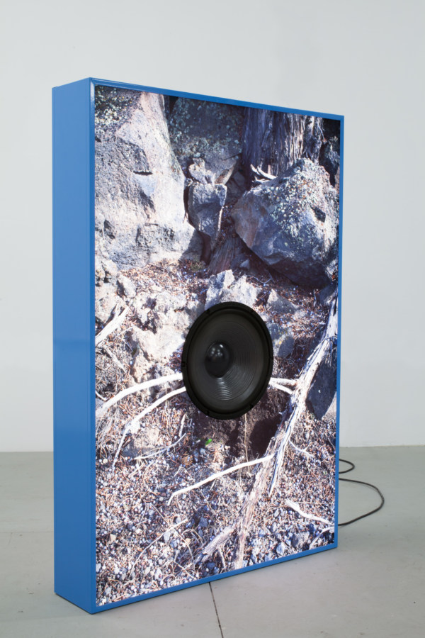 Color photograph of rocky earth cut around a black speaker in a blue frame