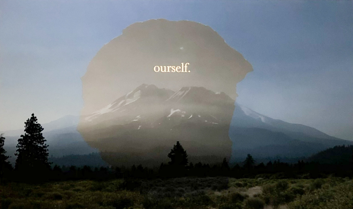 Color collage of a mountain with text reading "ourself." overlaid