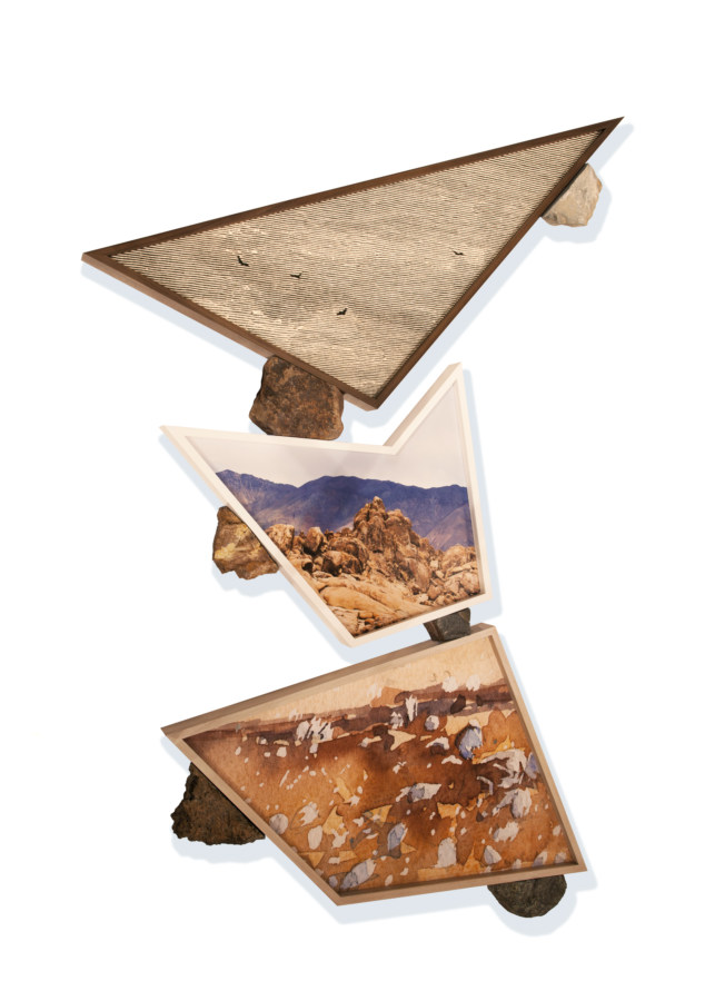 Three irregularly shaped framed images of rocky landscapes stacked on top of one another supported by pieces of cut rock