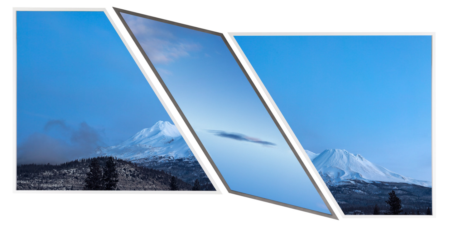Three color photographs of a blue landscape of a snow-covered mountain bisected by a single cloud in a clear sky