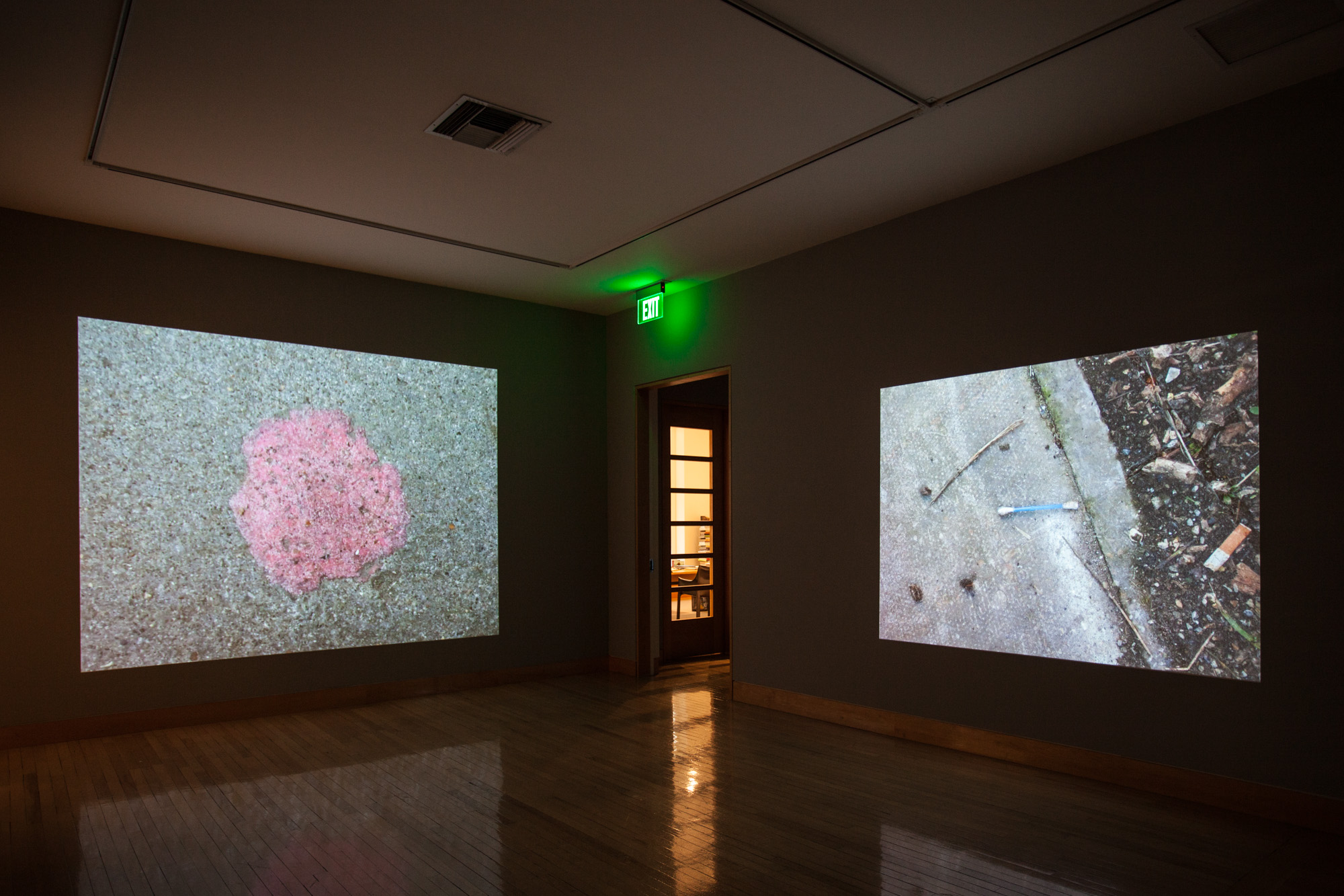 An installation shot of two projections in the darkened gallery