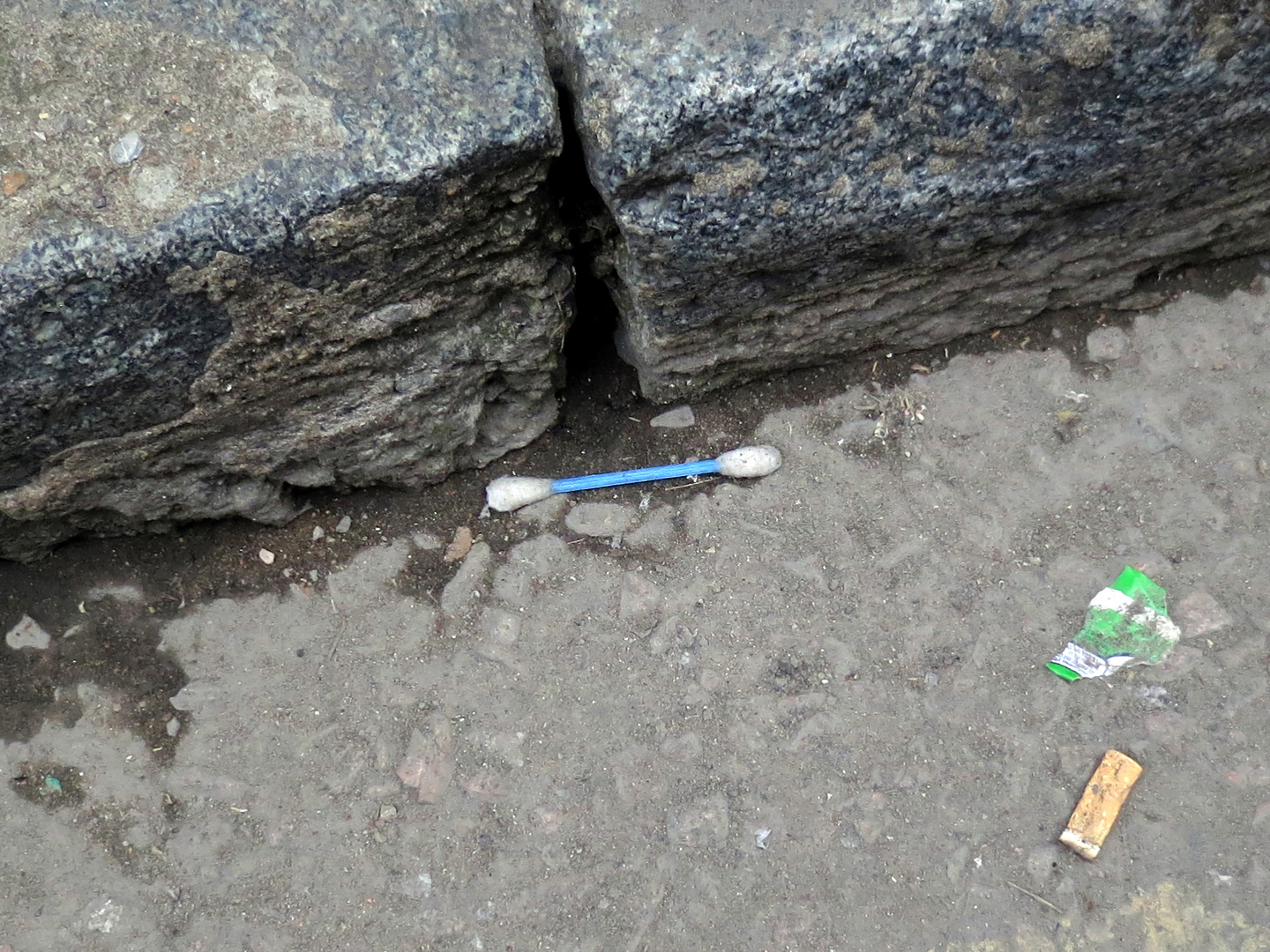 A photograph of a q-tip in on the side of the road, near the sidewalk curb.