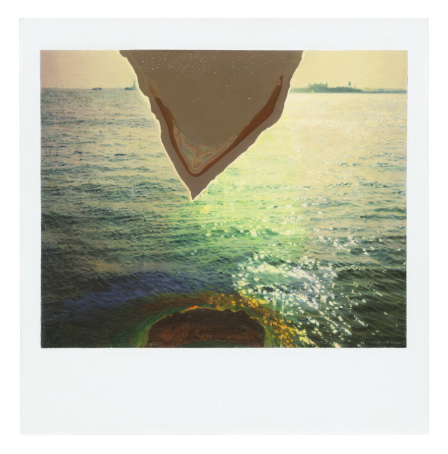 A painting of a polaroid photograph, made at one-to-one scale. The photograph depicts the surface of the ocean, with a triangle of emulsion loss cutting through the top center of the image.