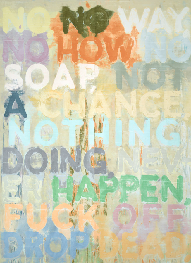 A multicolored painting of pastel-colored text on a beige background reading variations of the word "No"