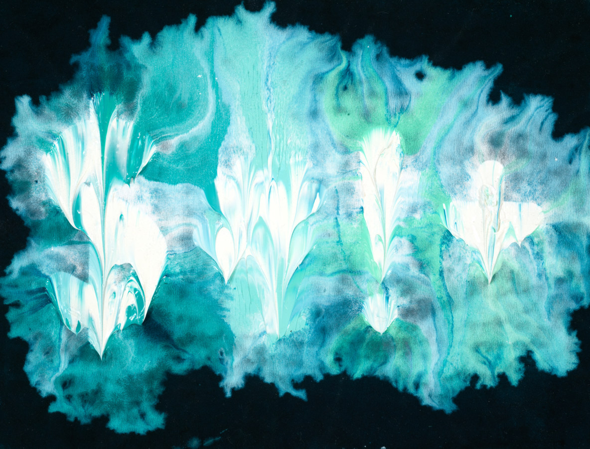 An oil painting with thickly applied light blue paint forming a smudge, and the text "$#!+" in white.