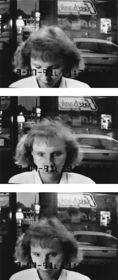 Three black and white photographs taken from a surveillance camera of a woman up close, using an ATM
