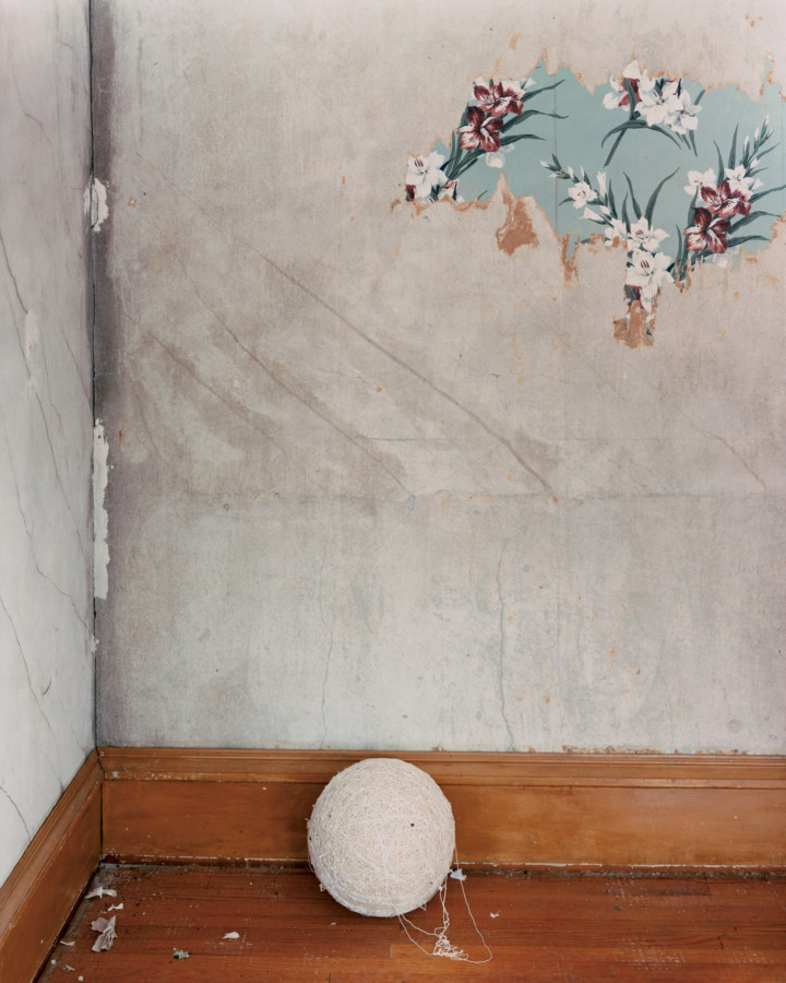 A color photograph of a ball of string in the corner of a room. A small patch of blue flowered wallpaper is on the drywall above it.