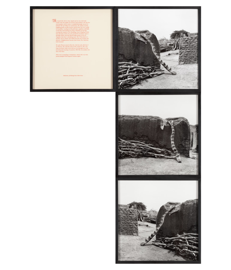 Framed artwork consisting of a column of three adjacent framed photographs and a framed text panel adjacent to the top image. The images depict homes in West Africa, with stairways leading to the tops of homes.