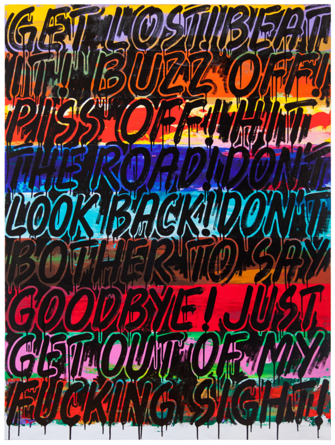 A painting of black text on a bright, multicolored background of many synonyms of the phrase "Get Lost!".