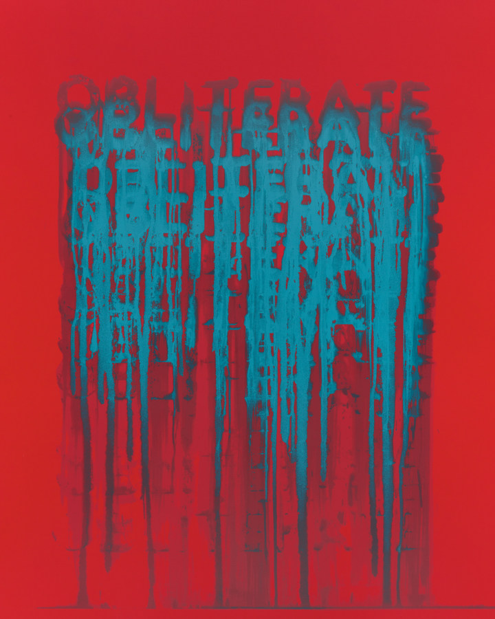 A print on red paper of the word "Obliterate" printed many times in blue text. The text drips down the page.