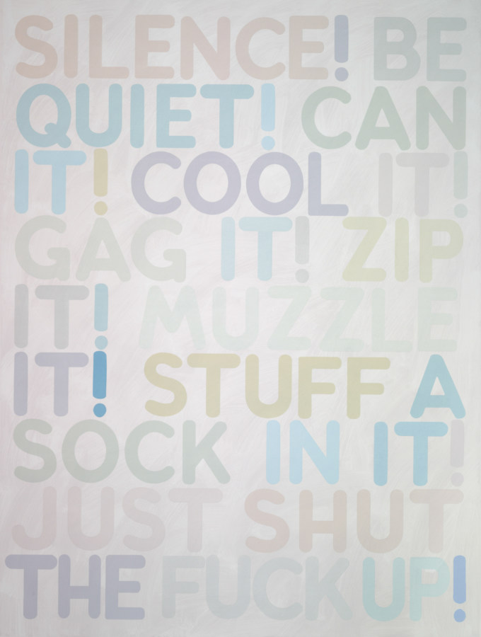 A silkscreen on gray paper of synonyms of the phrase "Silence!" printed in many different pastel colors.
