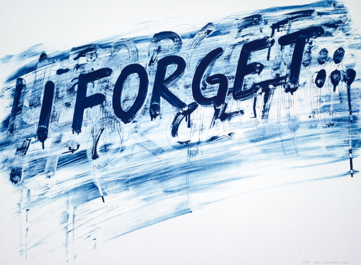 A print of dark blue text reading "I Forget..." over a light blue ink smudge.