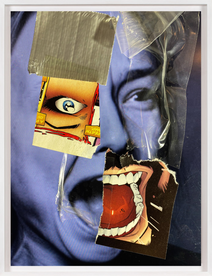 A framed collage of a blue screaming face, with comic book images glued on top.