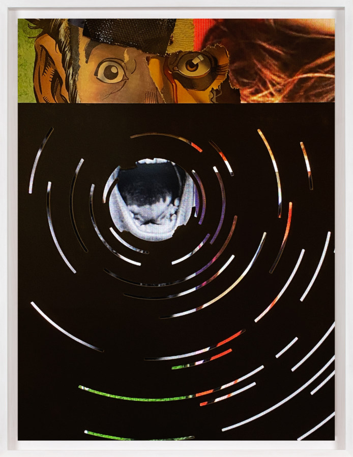 A framed collage made from comic book images, of a person screaming with concentric circles around their open mouth.