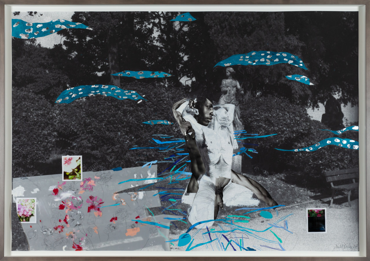 A collage of two nude figures embracing, on the canvas of a black and white park scene. The figures are surrounded by bright blue lines and shapes.