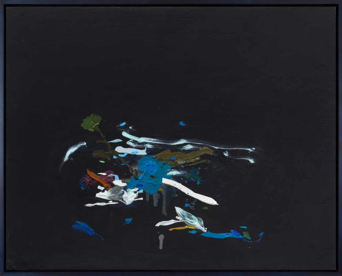 An abstract painting of a deconstructed light blue flower, on a black ground, with blue, green, brown and white colors coming out of it.