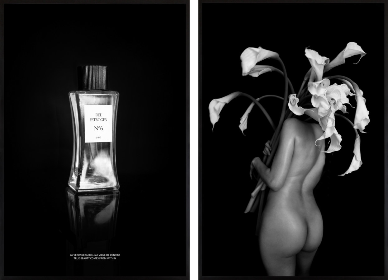 Framed black and white photographs of a perfume bottle and nude figure holding large flowers over one shoulder